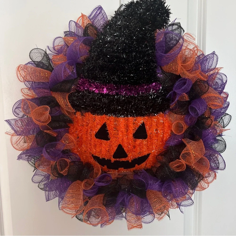 Homemade Halloween Pumpkin Decorative Mesh Purple, Orange and Black wreath